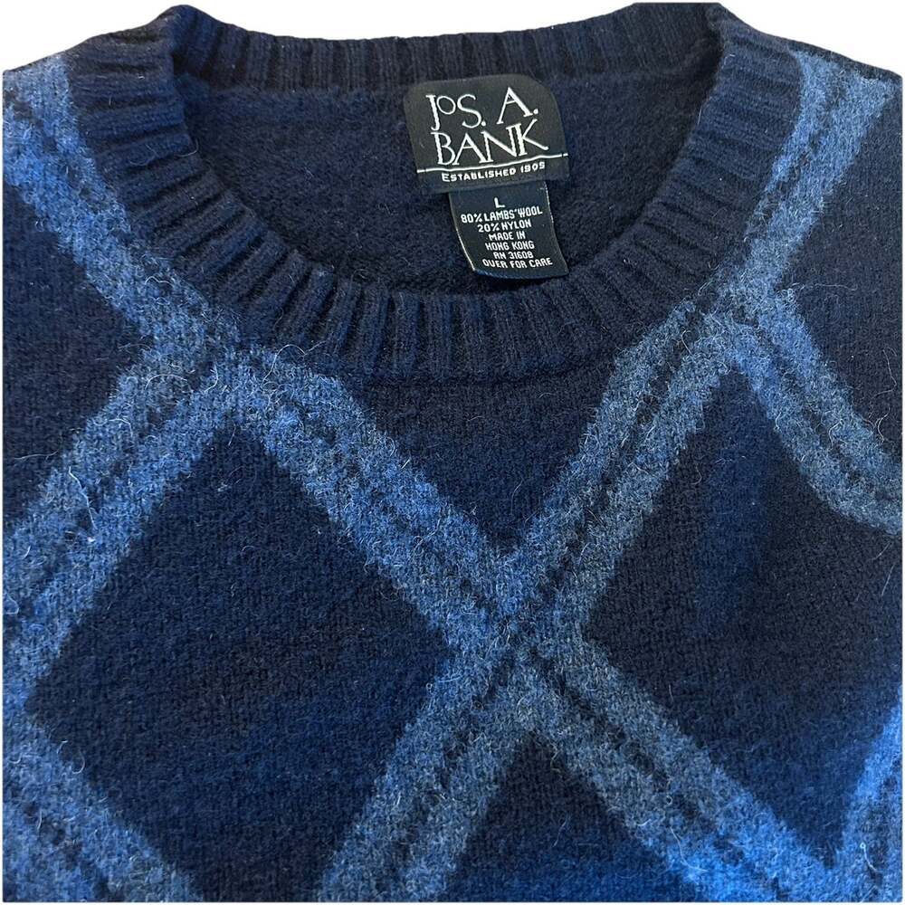 Jos A Bank Lambswool Sweater Men Large Blue Argyle Crewneck Long Sleeve